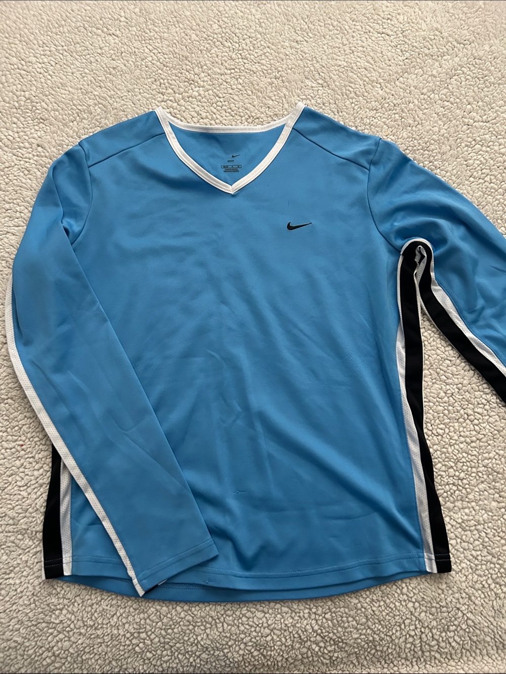 Nike Sky Blue Long Sleeve Athletic Top with Black & White Accents